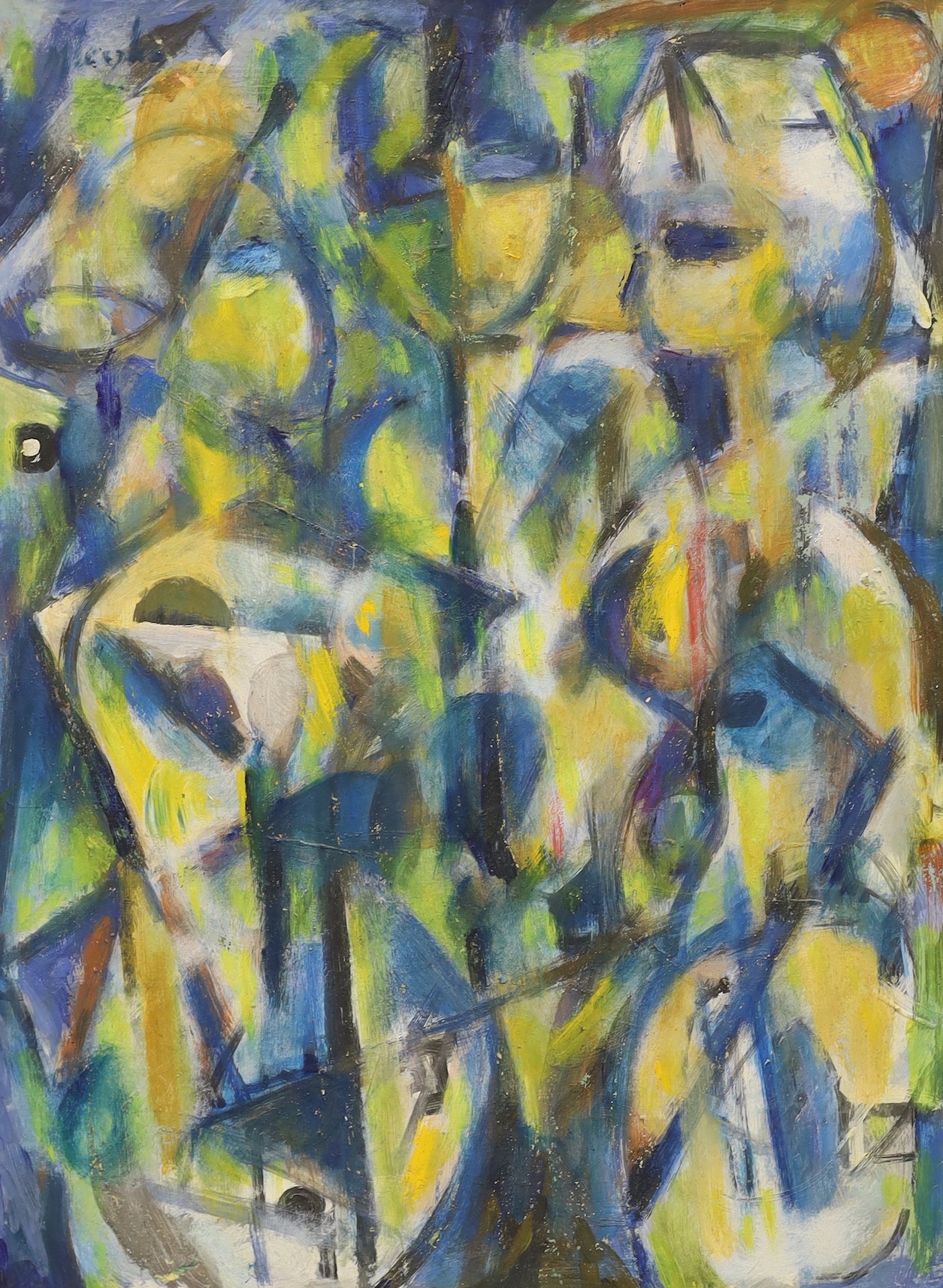 Piotr Mleczko (Polish, 1919-95), oil on canvas, 'River Thames near Hammersmith Bridge' and Untitled abstracted figures, both signed, 39 x 58cm and 60 x 45cm